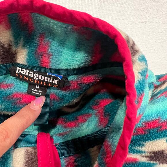Patagonia Synchilla Womens Medium Blue T Snap Fleece Jacket Pullover Geometric - Picture 4 of 9